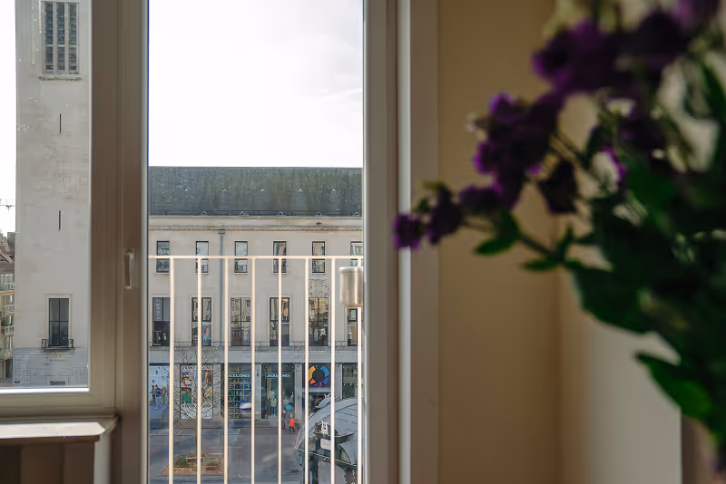 View through a window and railing overlooking a street with buildings, partially blurred purple flowers inside.
